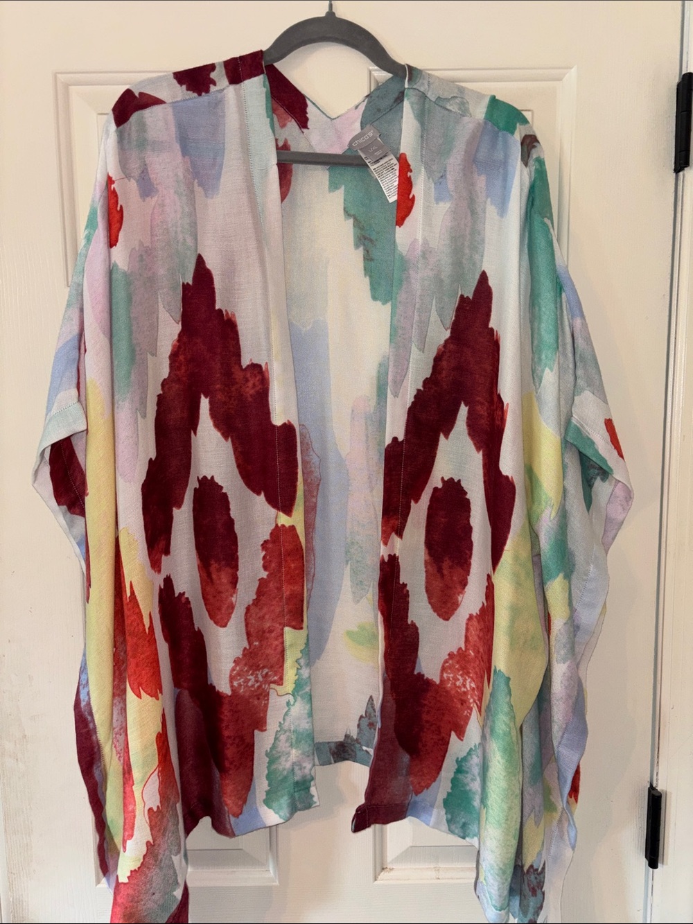 Chico's Multicolor Watercolor Print Kimono - Teal, Red, Pink